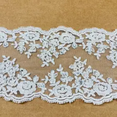 1 Yard Beaded Double-Sided Lace Trimming on 100% Polyester Net Mesh, Elegant Embroidered Design White