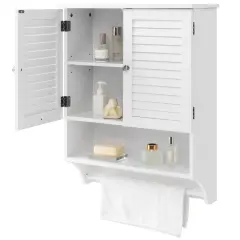 Wall-Mounted Bathroom Medicine Cabinet with Louver Doors and Towel Bar White