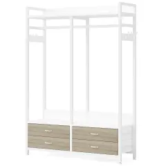 Free Standing Metal Garment Rack with Drawers and Hooks White Oak