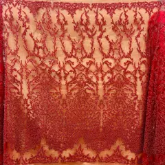 1 Yard Rose Gold Beaded Lace Fabric, Embroidered Polyester Mesh, 52" Wide Red