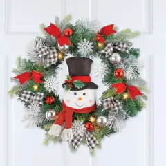 Collections Etc LED Lighted Winter Snowman Wreath with Black/White Buffalo Check Bows
