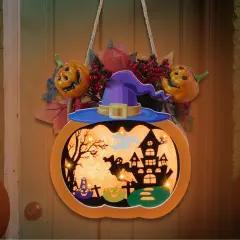 Halloween Wreath - Lighted Pumpkin with Haunted House