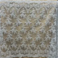 1 Yard Elegant Corded Bridal Lace Fabric Embroidered on 100% Polyester Net Mesh 52" Width Silver Metallic