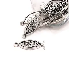 Silver Icthys Jesus Fish Charms, 26x10mm