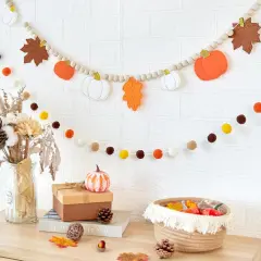 2 Pcs Felt Pumpkin Leaves Garland and Wood Bead - Orange and White
