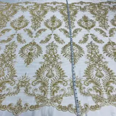 1 Yard Gold Beaded & Corded Bridal Lace Fabric, Embroidered on 100% Polyester Mesh, 52&rdquo; Width