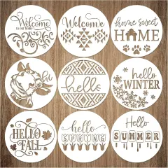 9 Pcs Welcome Stencils for Painting on Wood Reusable Round (9 Welcome)