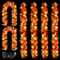 6 Packs Fall Maple Leaves Garland with Lights - 5.8FT (Connectable)