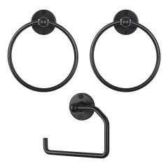 3-Piece Rustproof Bathroom Accessories Set Modern Toilet Paper Holder + 2 Towel Rings for Stylish Bathroom Storage Easy Install Black