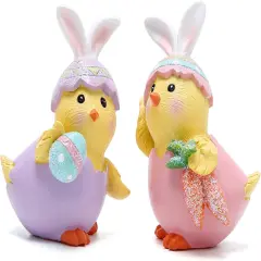 2 PCS Easter Chick Decorations Spring Easter Chicken Decors Figurines Tabletopper Decorations for Party Home Holiday Cute Egg Easter Day Gifts