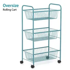 Large 3-Tier Rolling Basket Cart Metal Storage Trolley with Shelves & Lockable Wheels