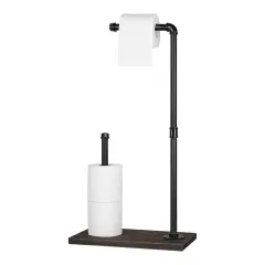 Free Standing Toilet Paper Stand Rustic Industrial Bathroom Organizer with Wooden Base & Matte Iron Black Finish &ndash; 3-Roll Storage, No-Drill Installation