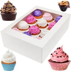 White 12 Cupcake Boxes, Cupcake Containers | 13x9.5x4, 25 Pack | 12 Cupcake Box Bulk, Cupcake Boxes 12 Count Carrier, Option to 14x10x4 Bakery Boxes with Window, &frac14; Sheet Cake Box 13x9 Inches