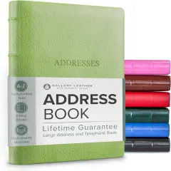 Gallery Leather Large Address Book with Alphabetical Tabs up to 480 records, Leather Notebook Hardcover, Telephone and Address Books - 9x7, Camden Kiwi