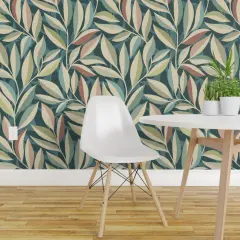 Pre-Pasted Wallpaper 2FT Wide Modern Botanical Calm Leaves Eucalyptus Leaf Tropical Multicolor Blue Green Large Scale Custom Pre-pasted Wallpaper by Spoonflower