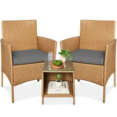 Best Choice Products 3-Piece Outdoor Wicker Conversation Patio Bistro Set, w/ 2 Chairs, Table Natural/Gray