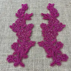 1 Pair Beaded & Corded Floral Lace Applique 10" x 2" Each Side Fuchsia