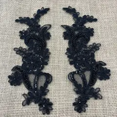 1 Pair Beaded & Corded Floral Lace Applique 9" x 2.5" Each Side Black
