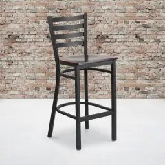 Emma and Oliver 2 Pack Ladder Back Metal Restaurant Barstool WalnutWood/Black