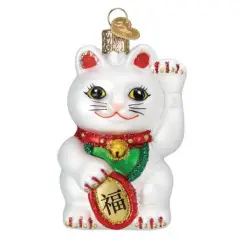 Old World Christmas 3.5 Inch Lucky Cat Christmas Tree Ornament , Christmas Decor Popular Folklore Japanese Chinese White