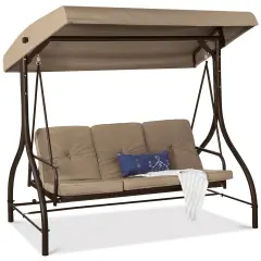 Best Choice Products 3-Seat Outdoor Converting Canopy Swing Glider Patio Hammock w/ Removable Cushions Desert Taupe