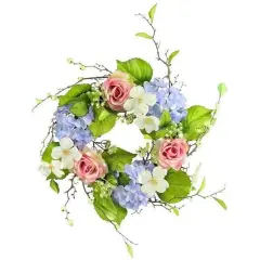 22" Hydrangea Rose Berry Wreath: Blue, Pink, Cream & Green