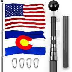 G128 Combo Pack: 20 Ft Telescoping Aluminum Flagpole (Black) & American and Colorado Flags 3x5 Ft, Both ToughWeave Series Embroidered Polyester | Pole with Flags Included