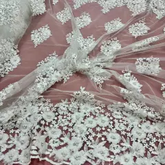 1 Yard Beaded 3D Floral Lace Fabric Embroidered on 100% Polyester Net Mesh 52" Width Off White