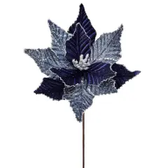 24" Blue and Silver Winter's Night Poinsettia Stem - Luxurious Christmas Floral Decoration