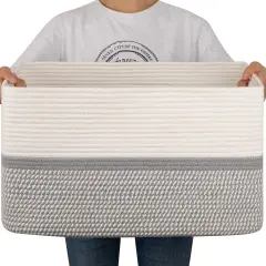 Extra Large Toy Storage Basket, Rectangle Cotton Rope Storage Basket, Blanket Basket Living Room, Woven Baskets for Organizing, 25 x 16 x 16 Inches-Grey/White