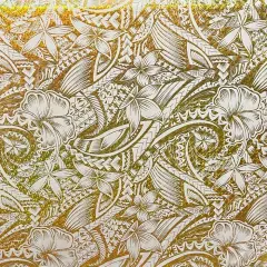 1 Yard Hibiscus Plumeria Polynesian Tattoo Polyester Foil Fabric, 36" x 60" Yard Unique Floral Shine for Apparel & Crafts Beige & Gold