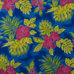 1 Yard Hibiscus Plumeria Monstera Palm Leaves Glitter Polyester Fabric, Tropical Print, Durable, 36in L x 60in W Blue