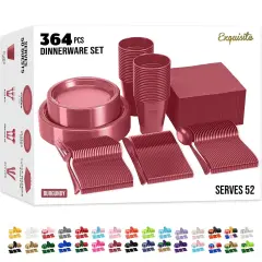 Exquisite 350 Pcs Plastic Plates for Party &ndash; Disposable Plates Set &ndash; 50 Each of 9" Dinner Plates, 7" Dessert Plates, Plastic Cups, Napkins & Plastic Cutlery &ndash; Plastic Dinnerware by Party Solids Burgundy