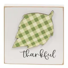 Rustic White Wooden &lsquo;Thankful&rsquo; Block with Green & White Plaid Leaf