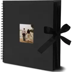 Black Scrapbook Album with Silk Ribbon, Cover Window, Spiral Bound Photo Book for Wedding, Anniversary (80 Pages, 12.25 x 12.25 Inches)