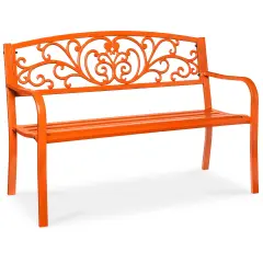 Best Choice Products Outdoor Steel Bench Garden Patio Porch Furniture w/ Floral Design Backrest Carrot