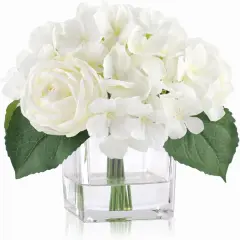 Artificial Flowers in Vase, Fake Flowers with Glass Vase, Silk White Hydrangea Rose Flower Faux Flowers in Vase, Centerpiece for Dining Table Wedding Party Home Hotel Office Decor (White)