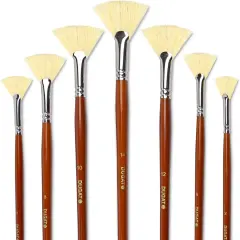 Artist Fan Paint Brush Set of 7, White Hog Bristle Natural Hair Anti-Shedding Brush Tips, Long Wooden Handle for Comfortable Holding, Great for Acrylic Watercolor Oil Painting