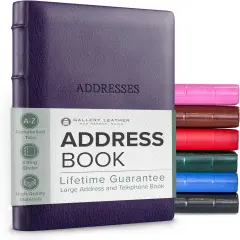 Gallery Leather Large Address Book with Alphabetical Tabs up to 480 records, Leather Notebook Hardcover, Telephone and Address Books - 9x7, Camden Violet