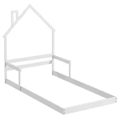 Twin Size Floor Bed with Chimney and Headboard and Handrail-White