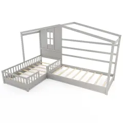 L-shaped Corner Twin House Bed with Guardrails, Creative Roof Design, Solid Wood Frame, and Easy Access Grey