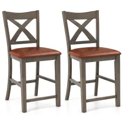 Bar Stools Set of 2 with Cross Back and Faux Leather Upholstered Seat-Grey