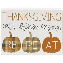 Eat Drink Enjoy Repeat Thanksgiving Wood Sign with Three Pumpkin Designs for Seasonal Decor