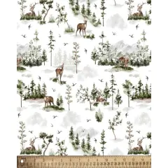 Deer Pine Trees Cotton Fabric | By the Yard | Sewing and Crafting | 44 inches wide
