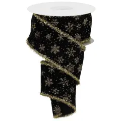 2.5" Glitter Snowflakes Tinsel Ribbon: Gold/Black (10 Yards)
