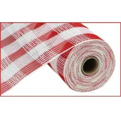 10.5" Faux Jute Check Mesh Ribbon: Red & White (10 Yards)