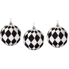 4" Glitter Harlequin Ball Ornaments: Black/White (3 pack)