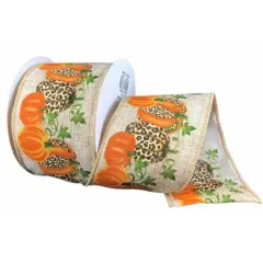 2.5" Natural Linen Cheetah Pumpkin Ribbon: Orange (10 Yards)