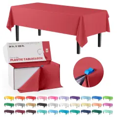 Exquisite Party Solids 54" x 100' Plastic Table Cover Roll with Slide Cutter &ndash; Cut-to-Size Dispenser Box &ndash; Makes Up to 36 Disposable 8' Rectangle Tablecloths Red