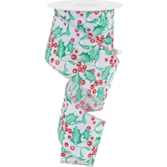 2.5" Holly Berry Mistletoe Ribbon: White/Mint (10 Yards)